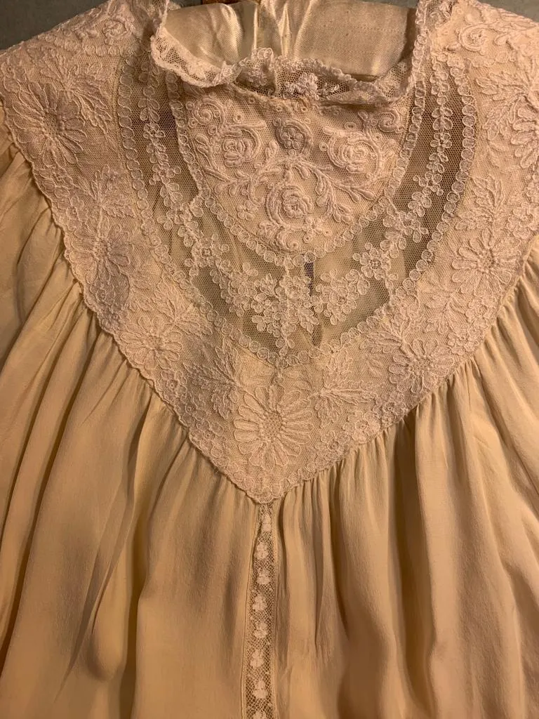 1970s Cream Silk and Lace Smock Blouse by Marisa Martin