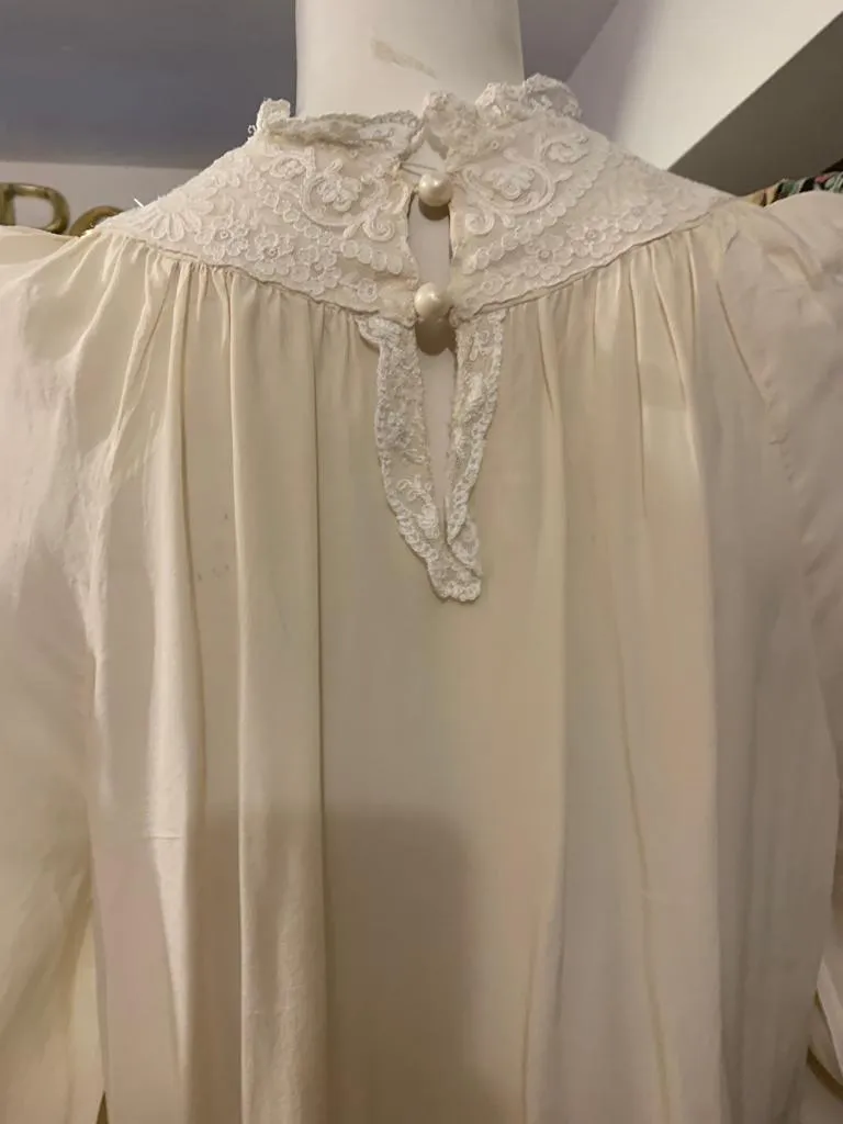 1970s Cream Silk and Lace Smock Blouse by Marisa Martin