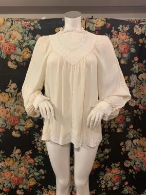 1970s Cream Silk and Lace Smock Blouse by Marisa Martin