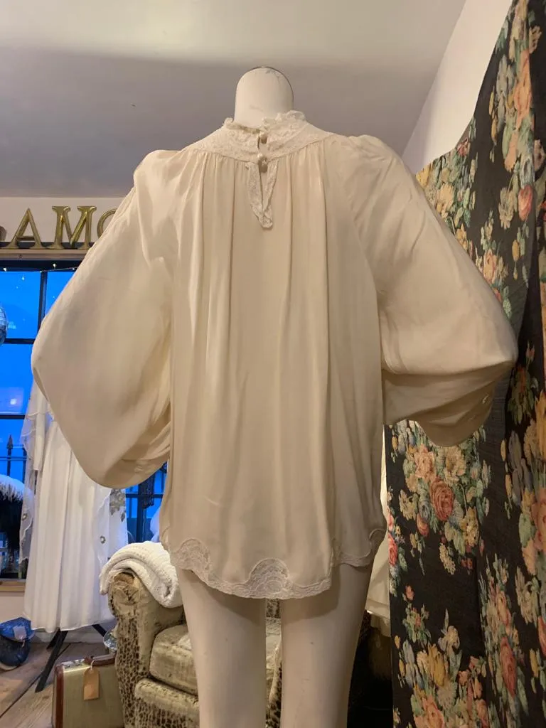 1970s Cream Silk and Lace Smock Blouse by Marisa Martin