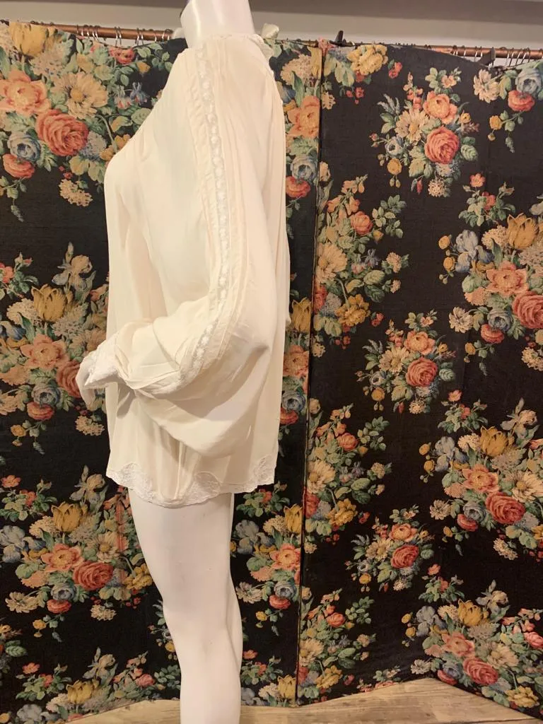 1970s Cream Silk and Lace Smock Blouse by Marisa Martin