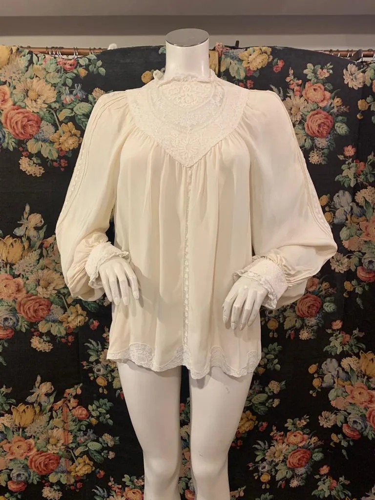 1970s Cream Silk and Lace Smock Blouse by Marisa Martin