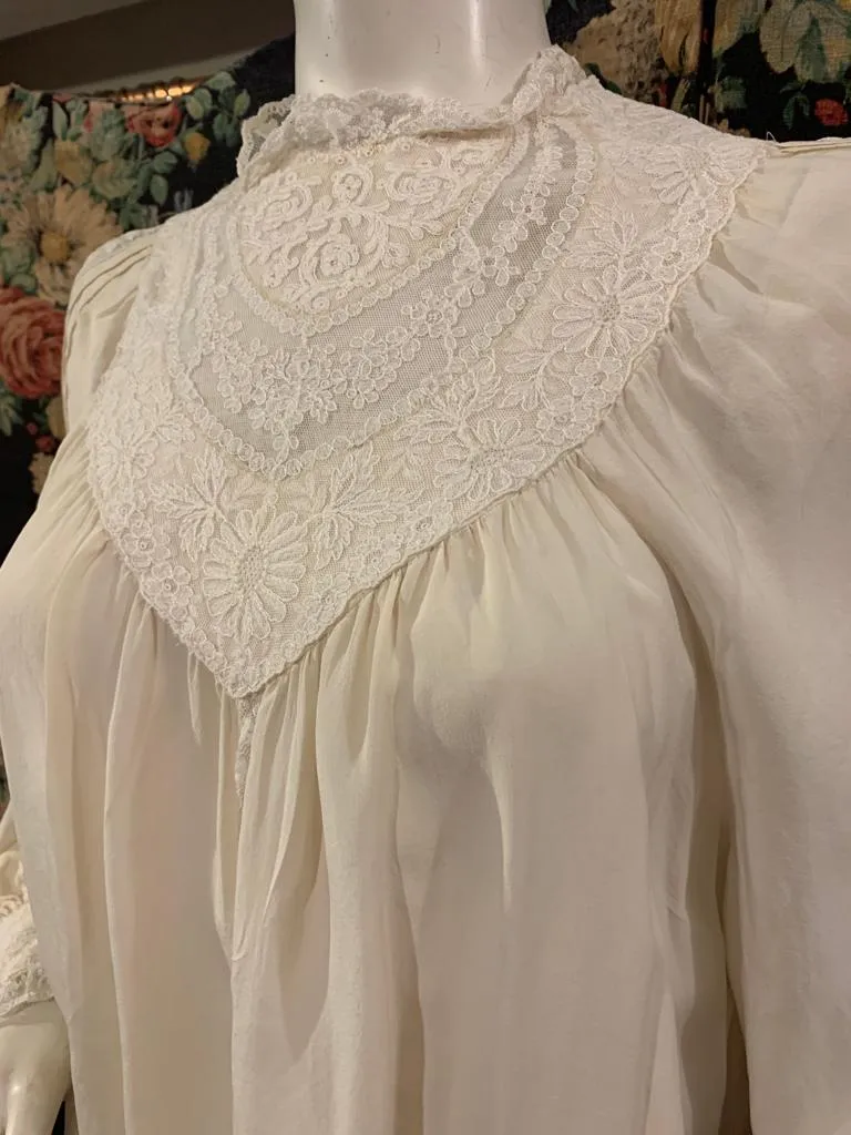 1970s Cream Silk and Lace Smock Blouse by Marisa Martin