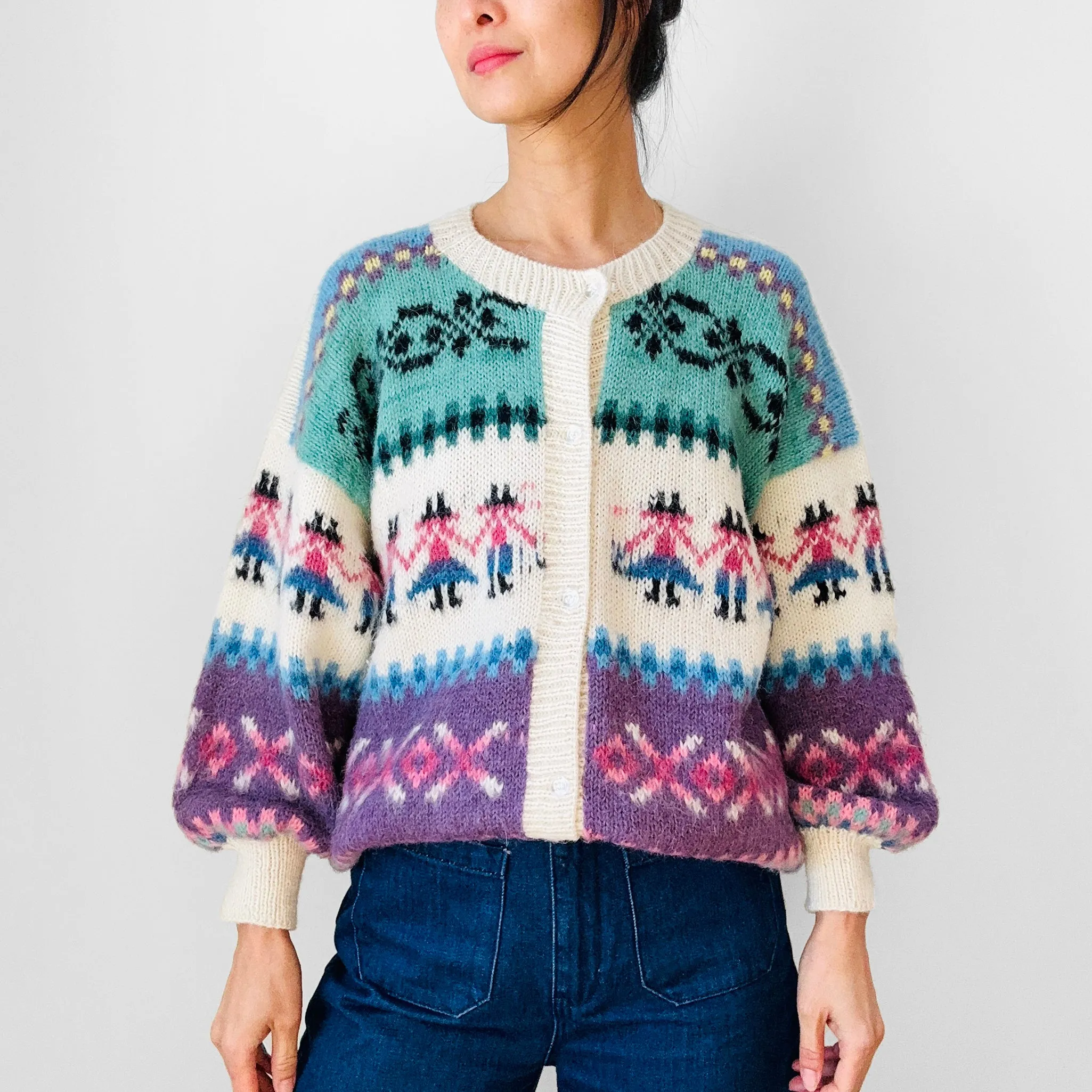 1970s Relaxed Fit Folk Patterned Peruvian Baby Alpaca Wool Knit Cardigan Sweater