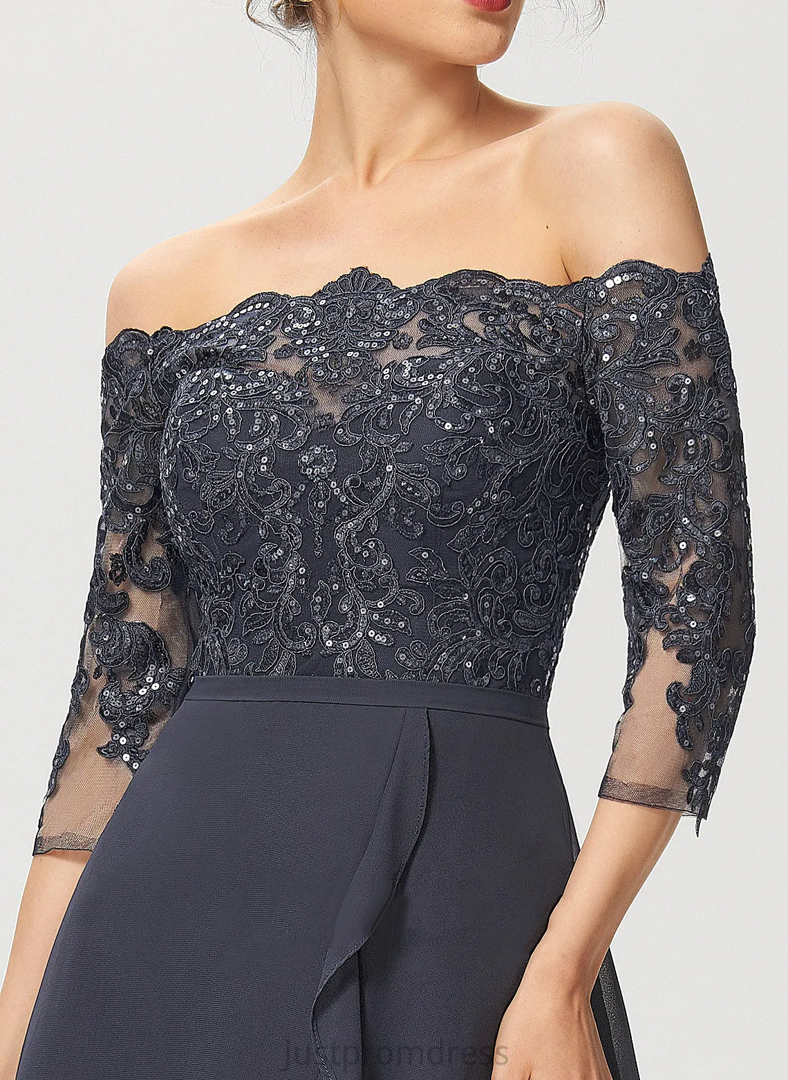 A-Line Dress Asymmetrical Sequins Chiffon Ginny Off-the-Shoulder Lace With Cocktail Cocktail Dresses