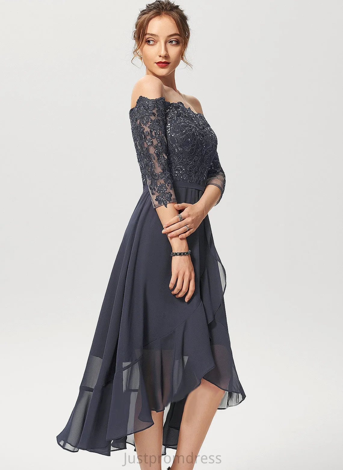 A-Line Dress Asymmetrical Sequins Chiffon Ginny Off-the-Shoulder Lace With Cocktail Cocktail Dresses