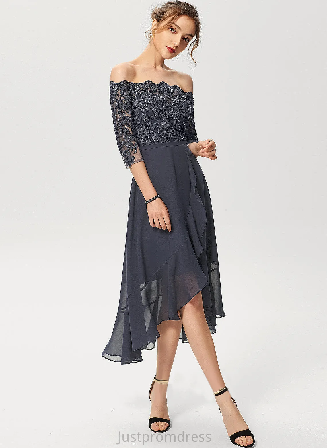 A-Line Dress Asymmetrical Sequins Chiffon Ginny Off-the-Shoulder Lace With Cocktail Cocktail Dresses