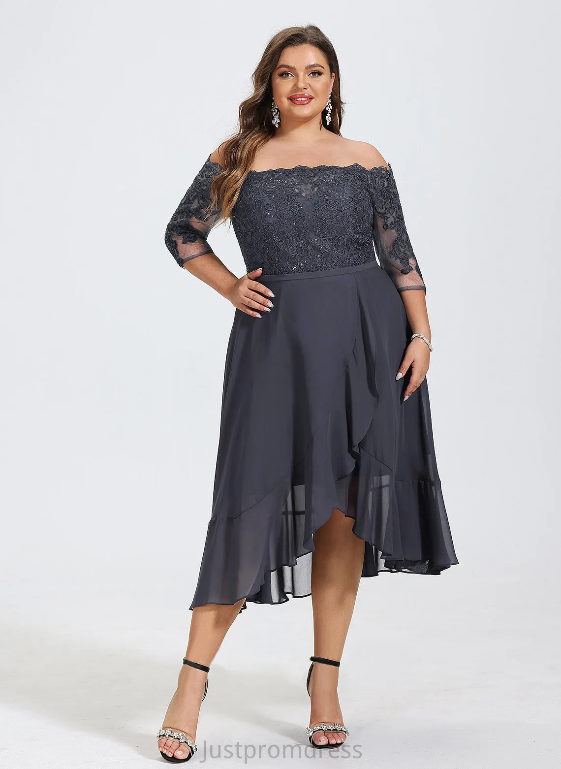 A-Line Dress Asymmetrical Sequins Chiffon Ginny Off-the-Shoulder Lace With Cocktail Cocktail Dresses