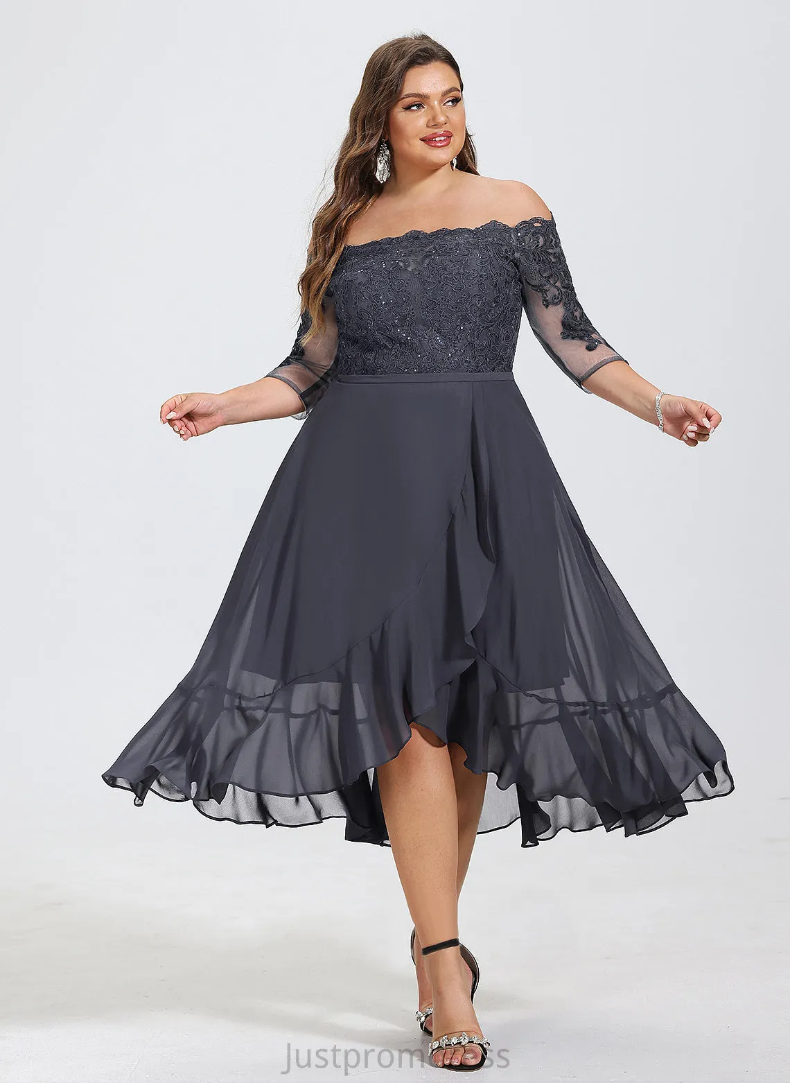 A-Line Dress Asymmetrical Sequins Chiffon Ginny Off-the-Shoulder Lace With Cocktail Cocktail Dresses