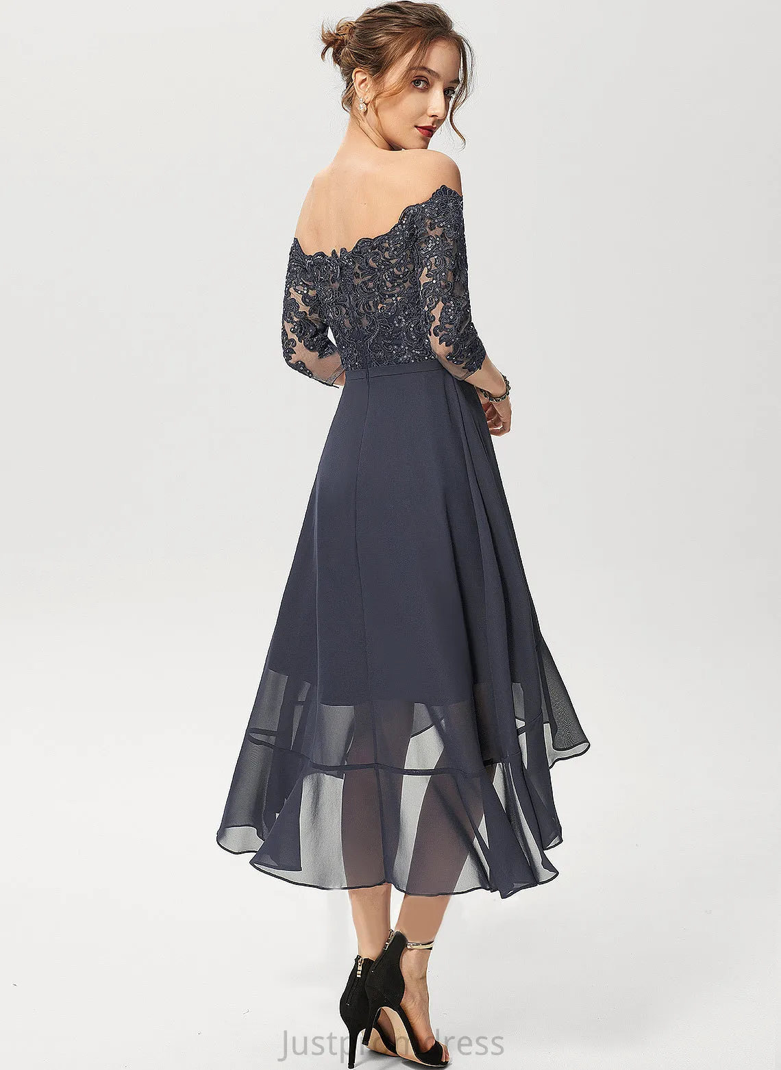 A-Line Dress Asymmetrical Sequins Chiffon Ginny Off-the-Shoulder Lace With Cocktail Cocktail Dresses