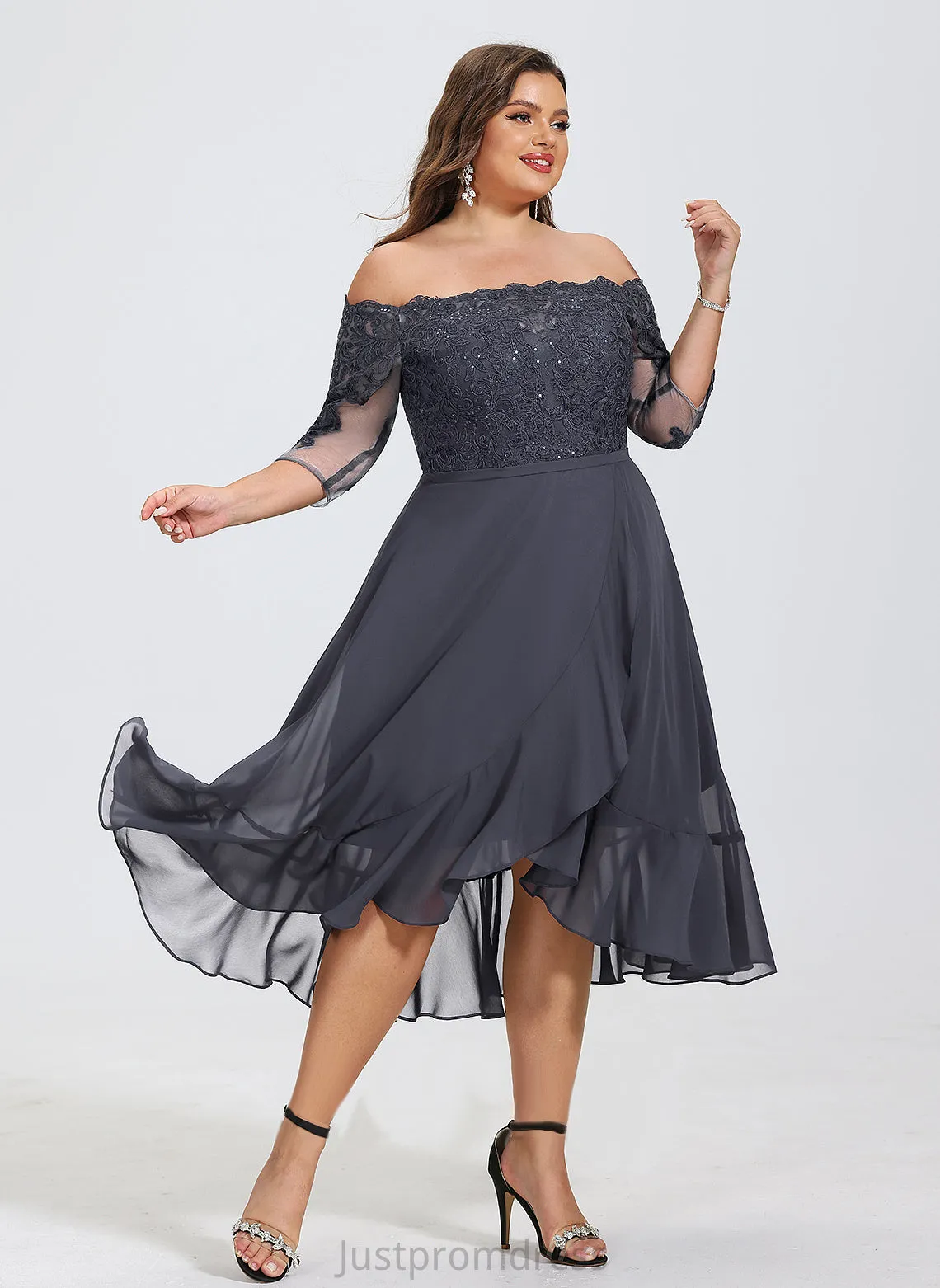 A-Line Dress Asymmetrical Sequins Chiffon Ginny Off-the-Shoulder Lace With Cocktail Cocktail Dresses