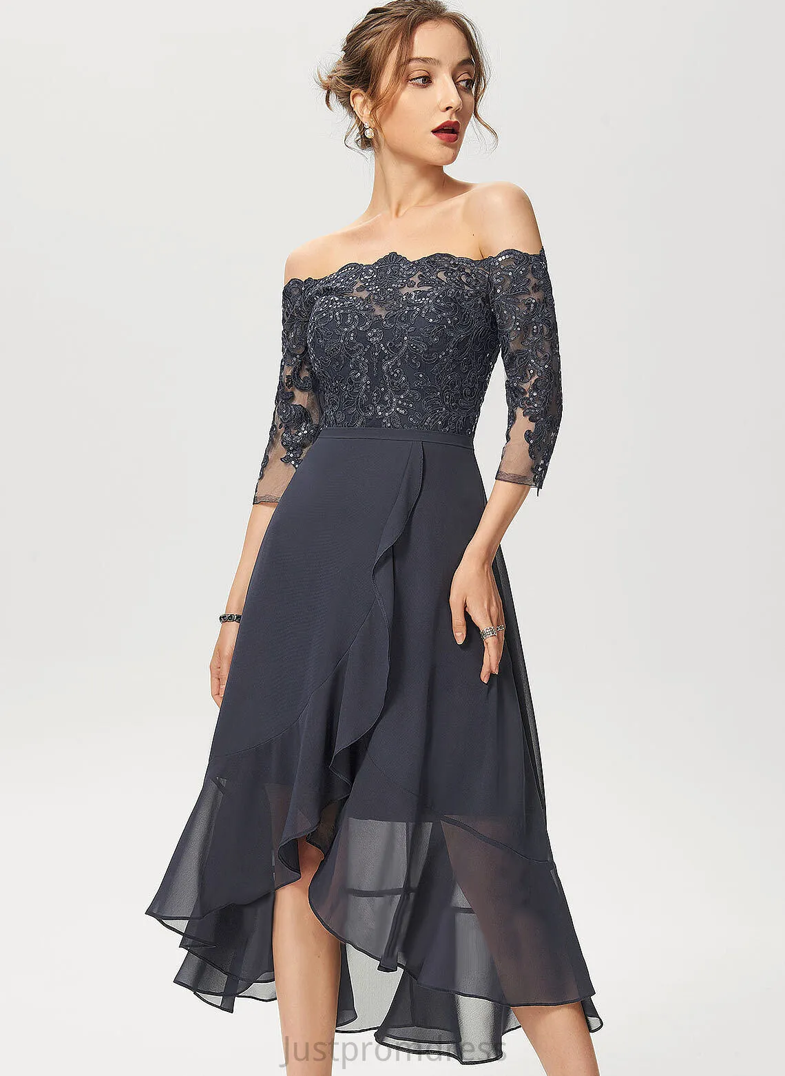 A-Line Dress Asymmetrical Sequins Chiffon Ginny Off-the-Shoulder Lace With Cocktail Cocktail Dresses