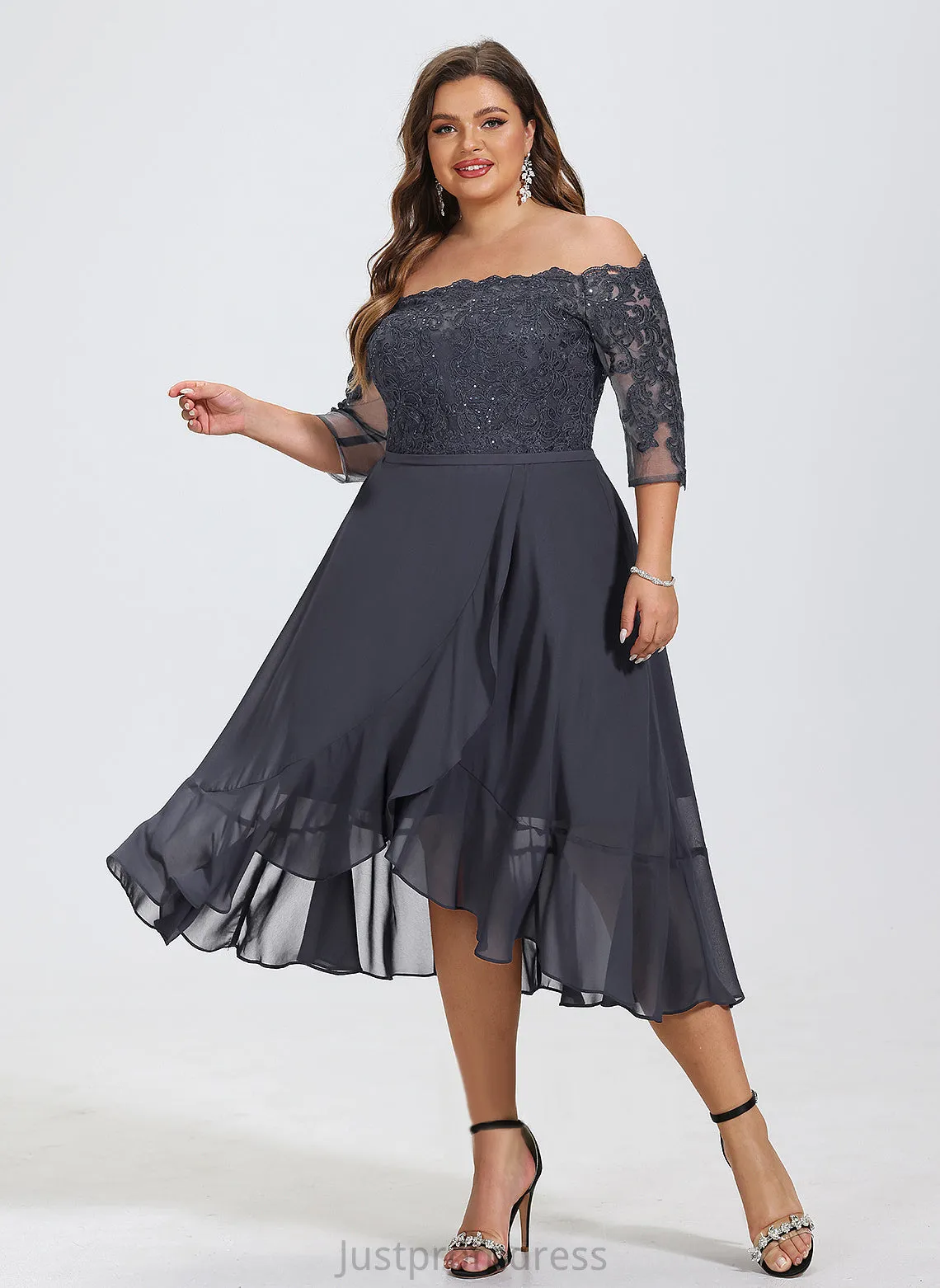 A-Line Dress Asymmetrical Sequins Chiffon Ginny Off-the-Shoulder Lace With Cocktail Cocktail Dresses