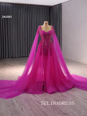 A-line Fuchsia Beaded Prom Dress Luxury Evening Gown Wedding Dress 241093