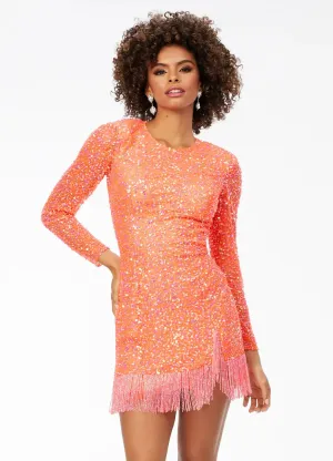 Ashley Lauren 4438 size 14 Neon Orange Cocktail Dress Long Sleeves Fringe trim on hem and slit