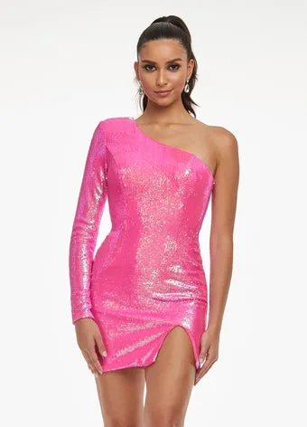 Ashley Lauren 4455 Neon Orange Size 2 Cocktail Dress Homecoming Dress One Long Sleeve Slit