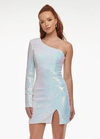 Ashley Lauren 4455 Neon Orange Size 2 Cocktail Dress Homecoming Dress One Long Sleeve Slit