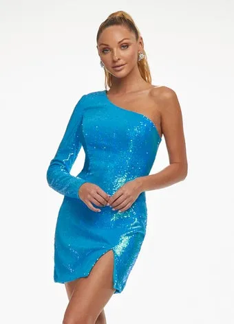 Ashley Lauren 4455 Neon Orange Size 2 Cocktail Dress Homecoming Dress One Long Sleeve Slit