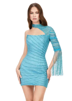Ashley Lauren 4585 Short Beaded One Shoulder Long Sleeve Fringe Cocktail Dress Homecoming