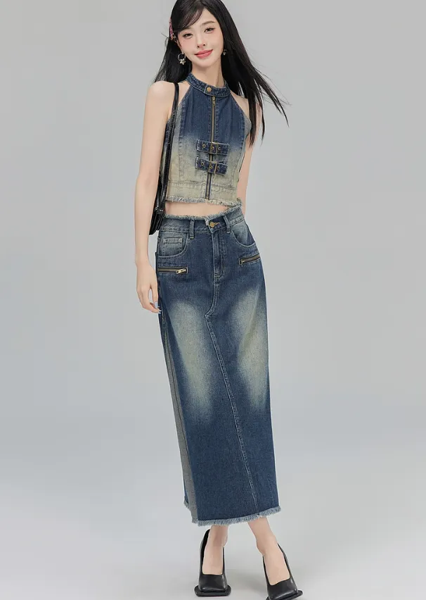 Bicolor A-line denim skirt