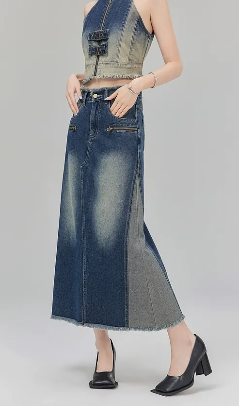 Bicolor A-line denim skirt