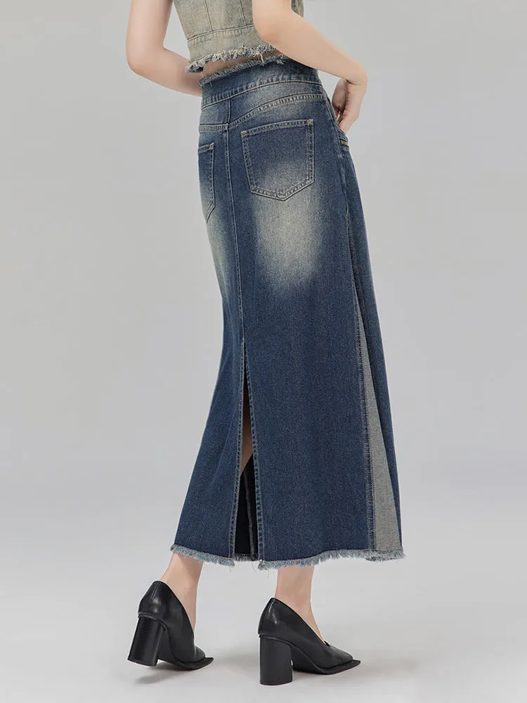 Bicolor A-line denim skirt