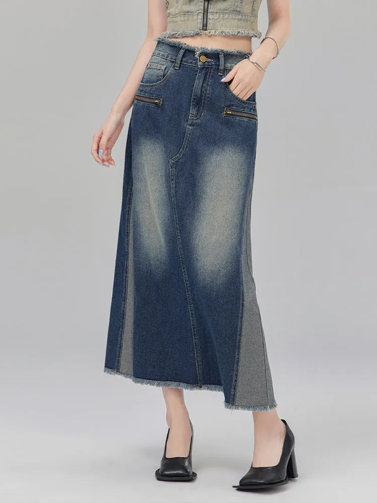 Bicolor A-line denim skirt