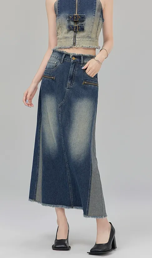 Bicolor A-line denim skirt