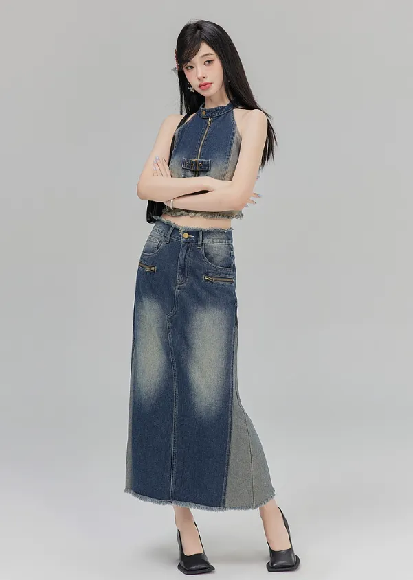 Bicolor A-line denim skirt