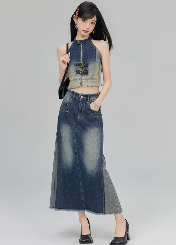 Bicolor A-line denim skirt