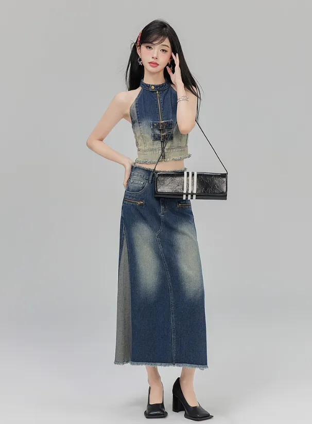 Bicolor A-line denim skirt