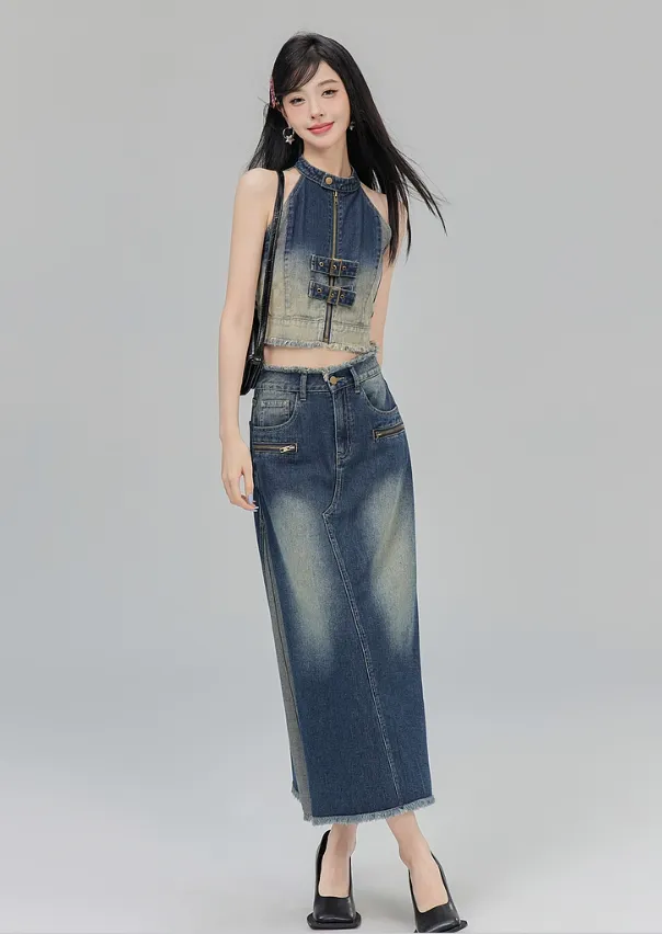 Bicolor A-line denim skirt