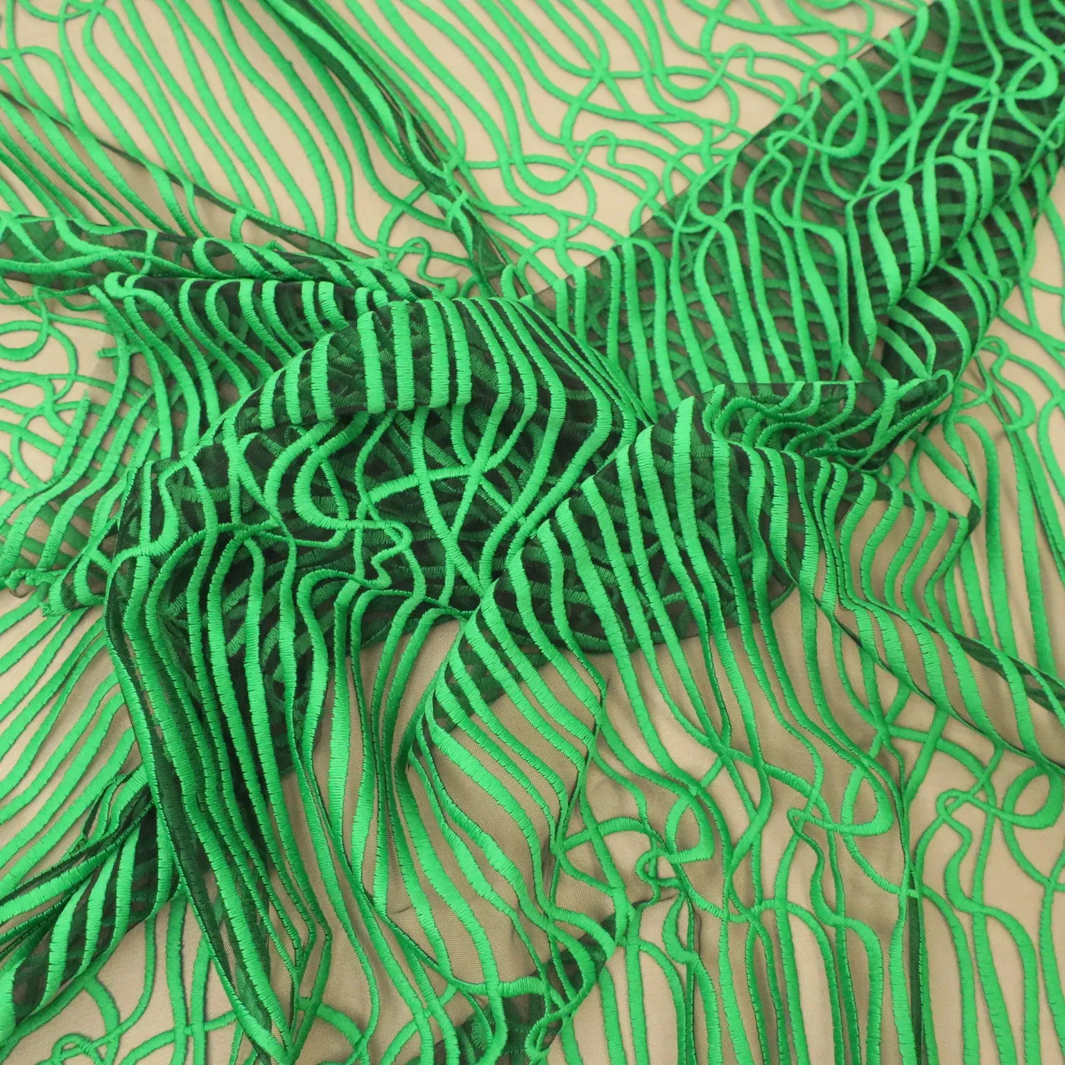 Black with Green Embroidery Tulle Fabric