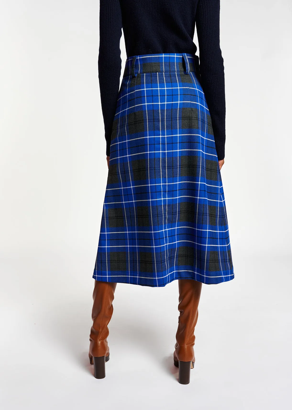 Blue and black check midi skirt