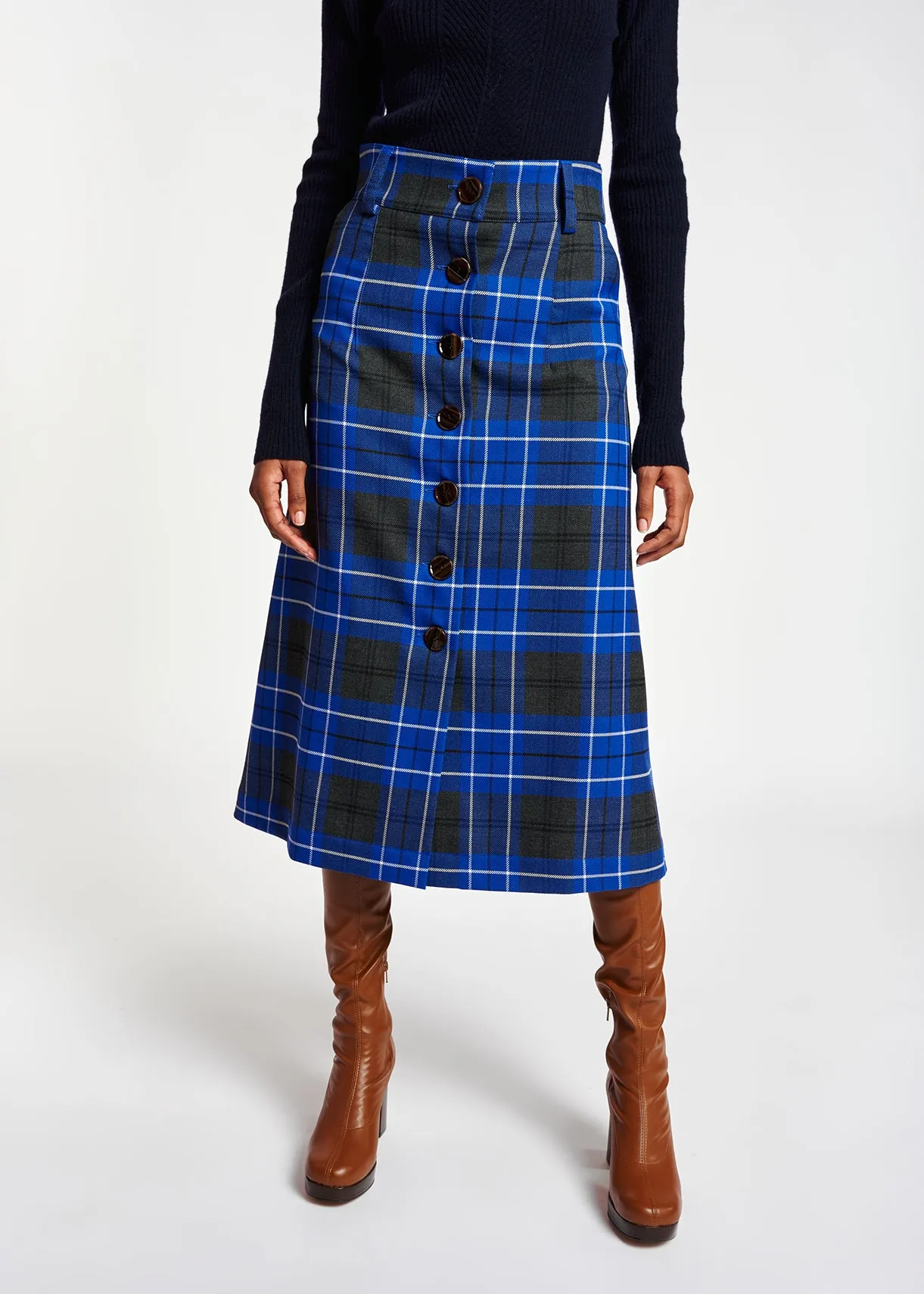 Blue and black check midi skirt