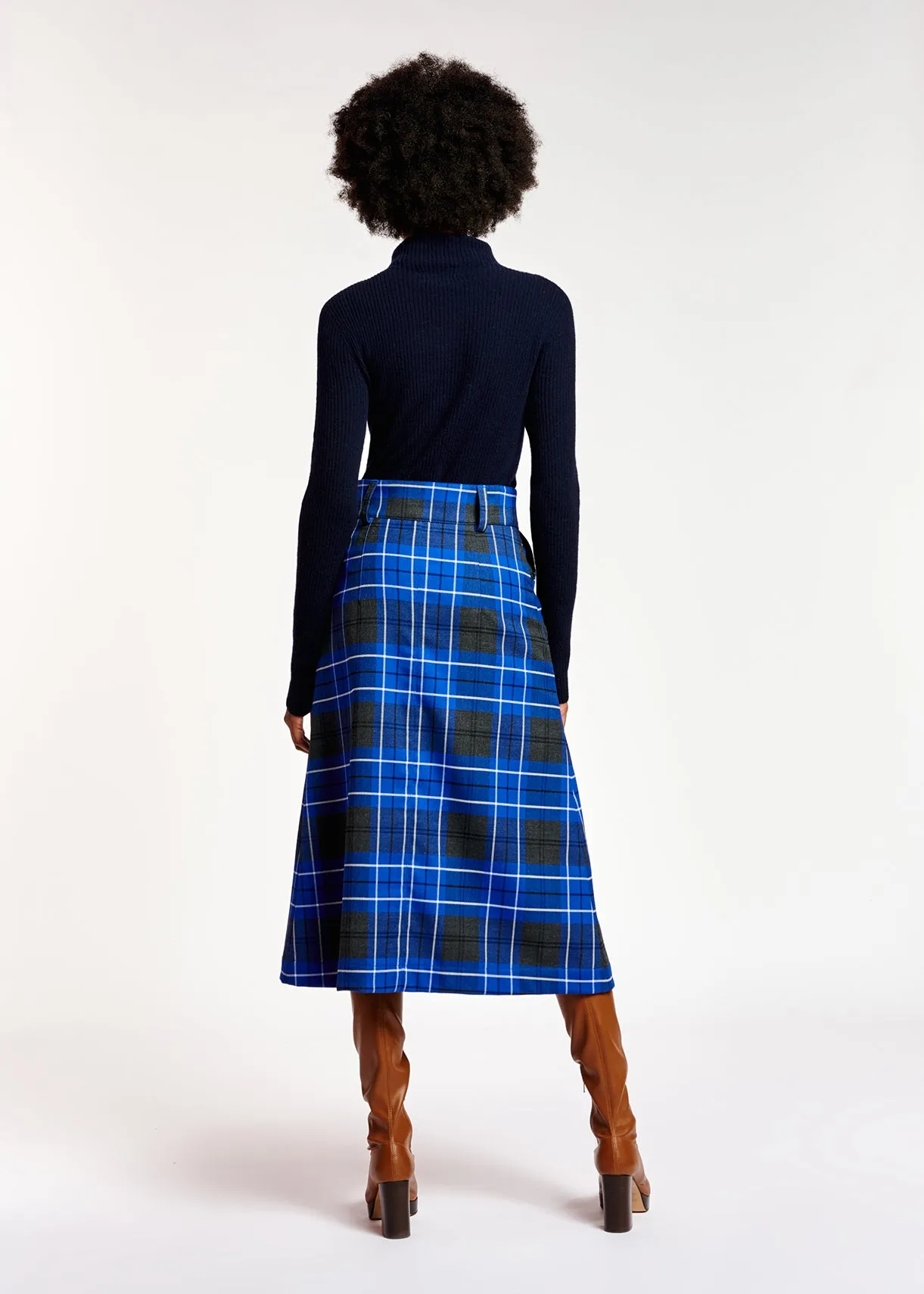 Blue and black check midi skirt