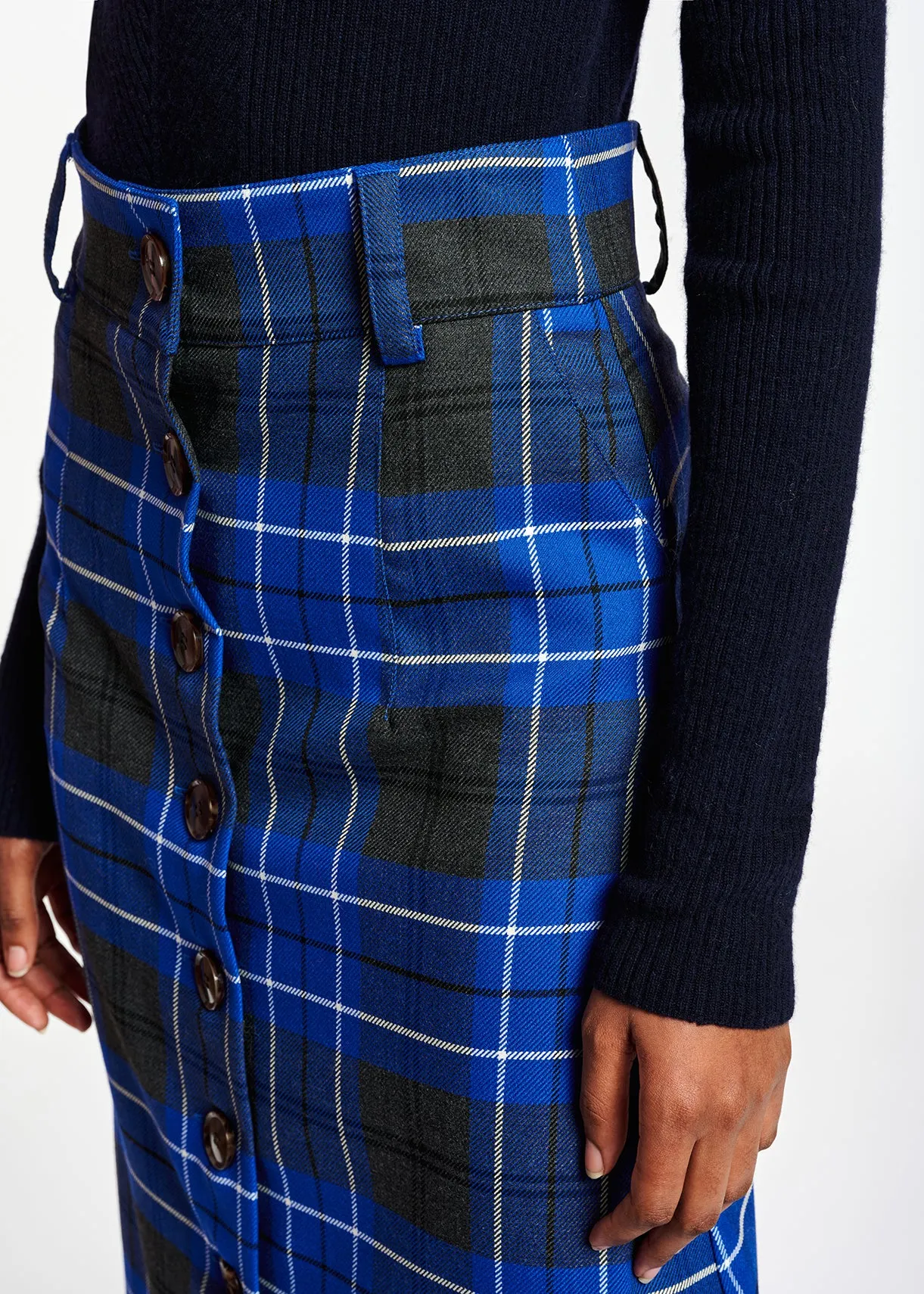 Blue and black check midi skirt