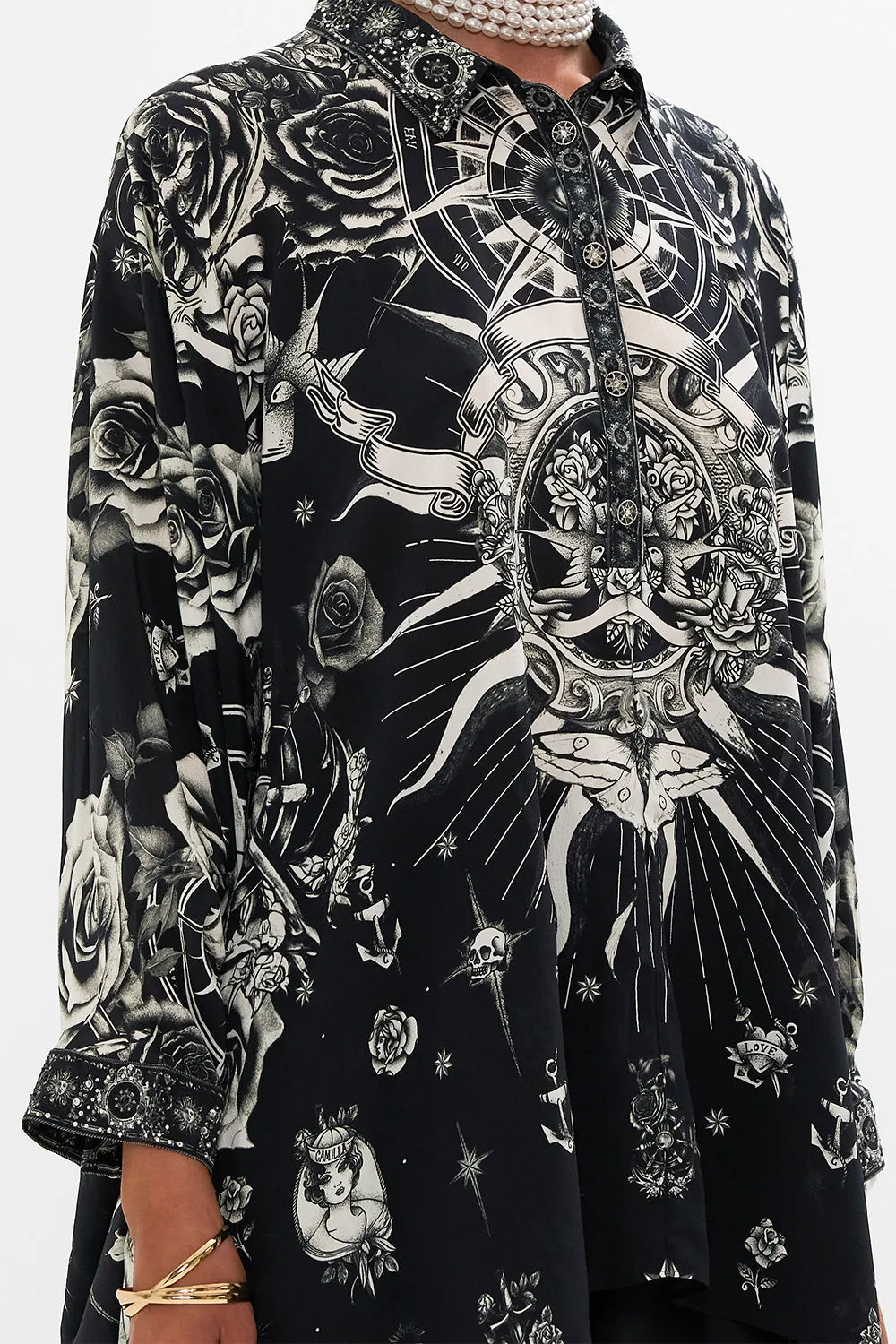 BUTTON UP TOP WITH DRAPED BACK TALES OF TATTOO