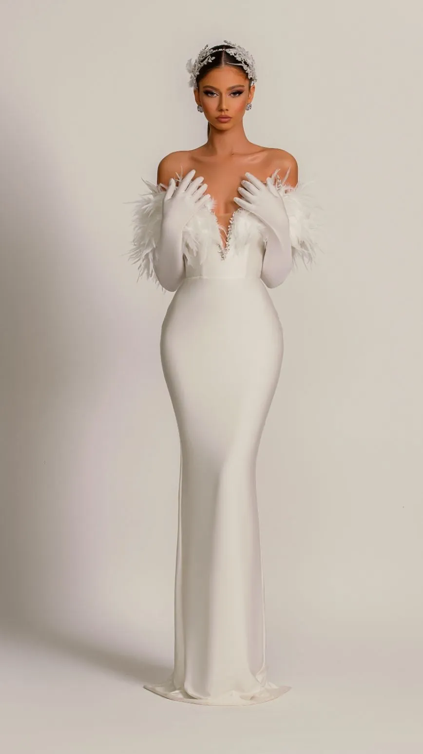 Cara Luxury Off-Shoulder With Gloves White Evening Dress