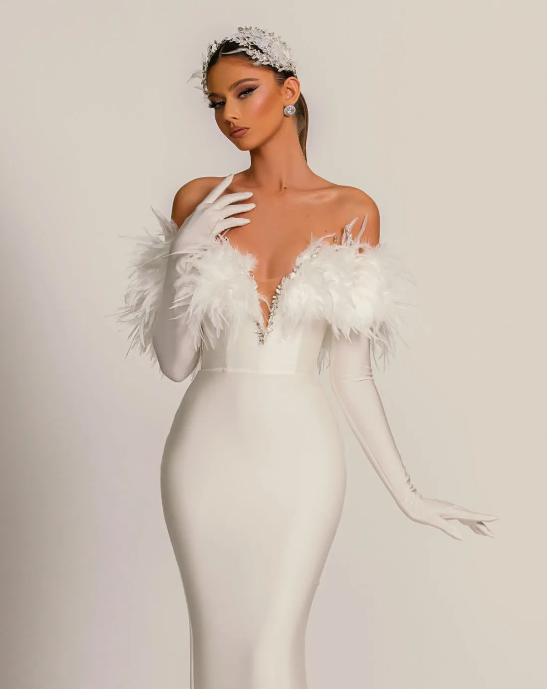 Cara Luxury Off-Shoulder With Gloves White Evening Dress