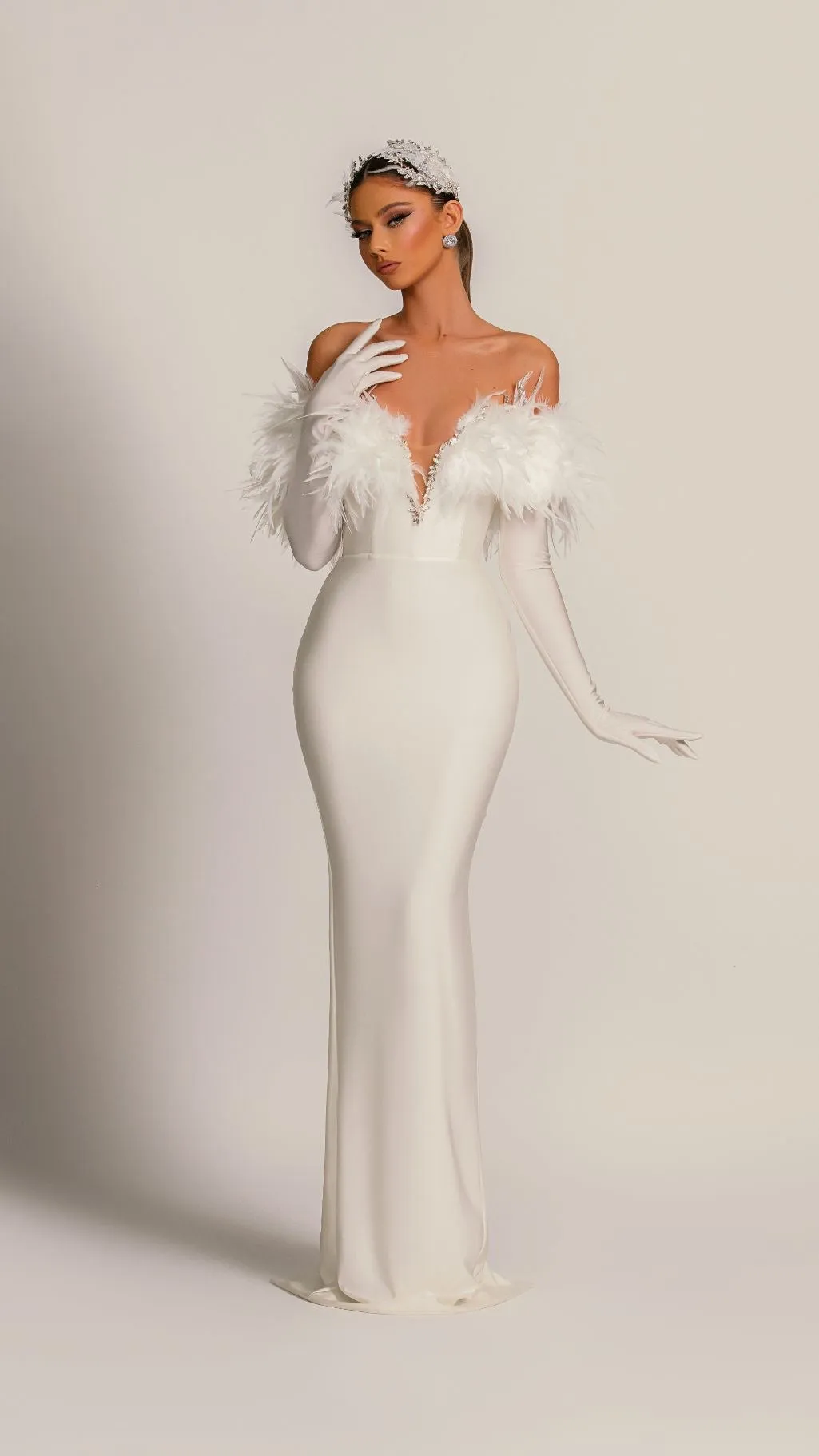 Cara Luxury Off-Shoulder With Gloves White Evening Dress