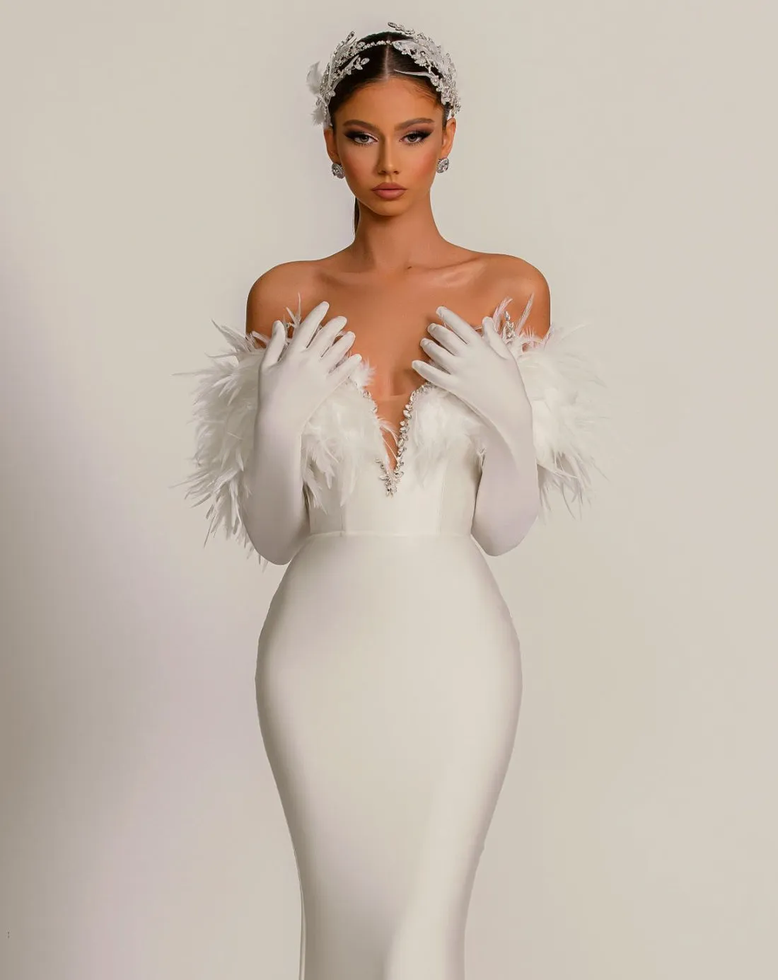 Cara Luxury Off-Shoulder With Gloves White Evening Dress