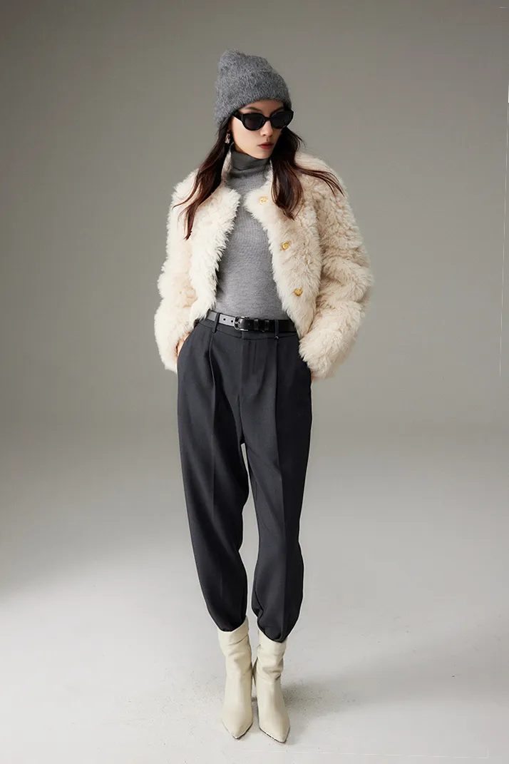 Crewneck Cropped Lambskin Lined Toscana Shearling Coat