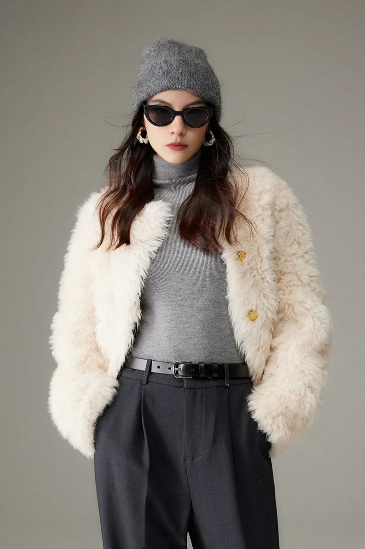 Crewneck Cropped Lambskin Lined Toscana Shearling Coat