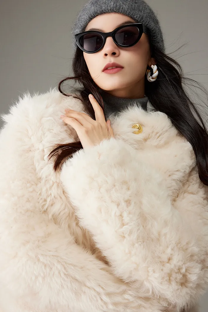 Crewneck Cropped Lambskin Lined Toscana Shearling Coat