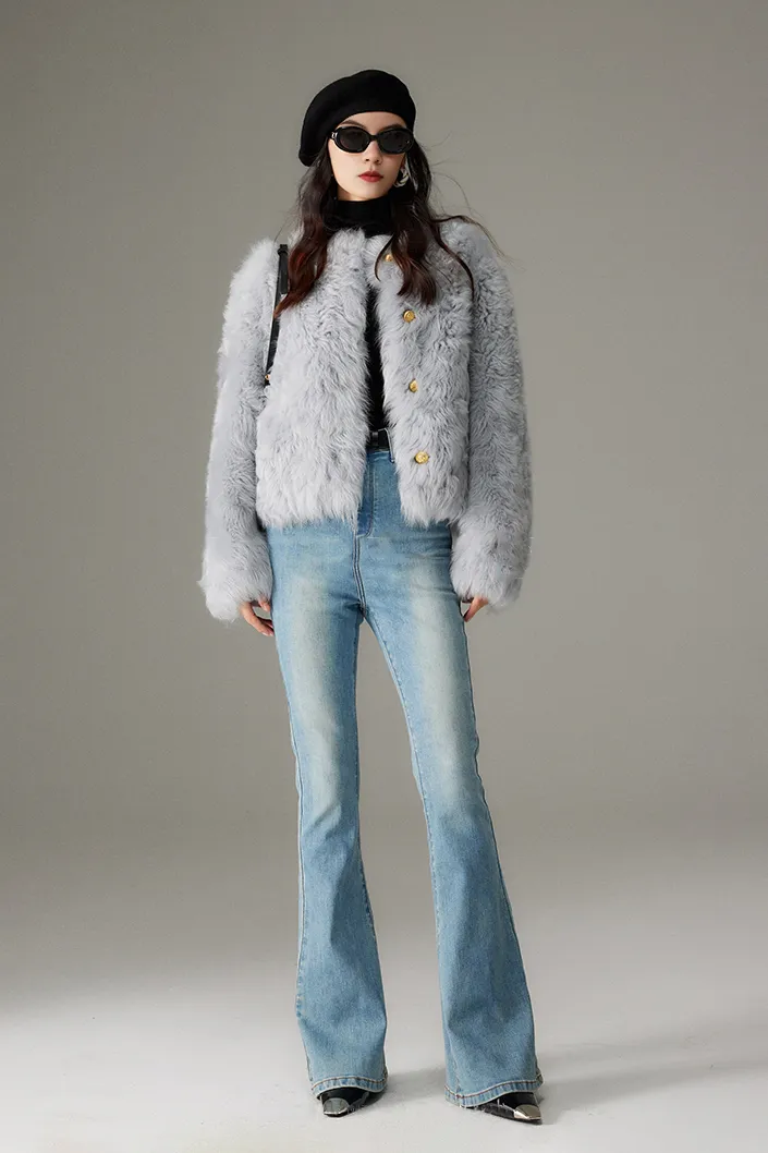 Crewneck Cropped Lambskin Lined Toscana Shearling Coat