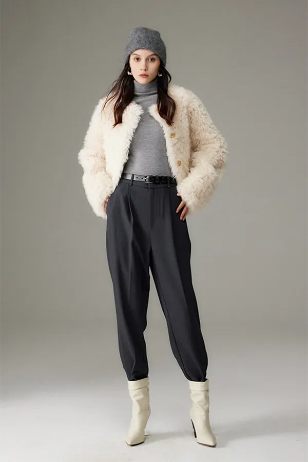 Crewneck Cropped Lambskin Lined Toscana Shearling Coat