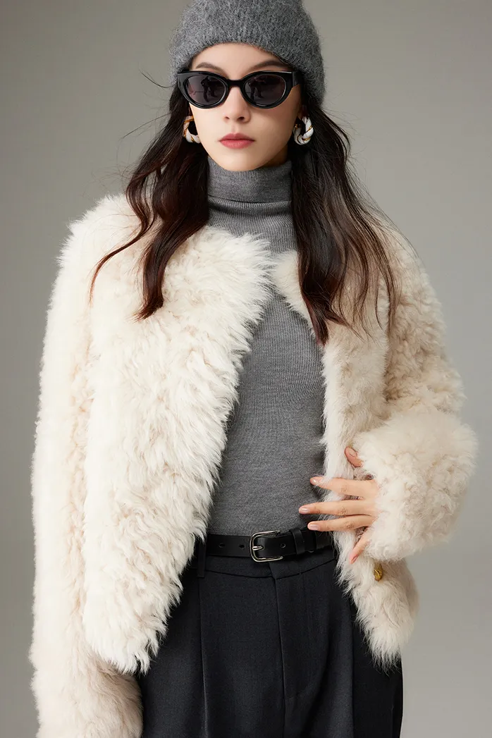 Crewneck Cropped Lambskin Lined Toscana Shearling Coat