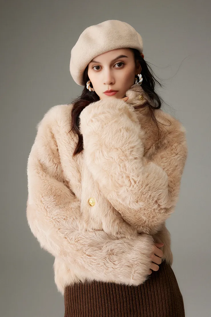 Crewneck Cropped Lambskin Lined Toscana Shearling Coat