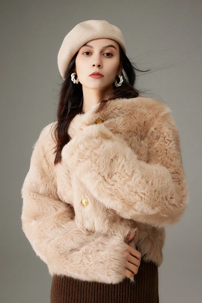 Crewneck Cropped Lambskin Lined Toscana Shearling Coat